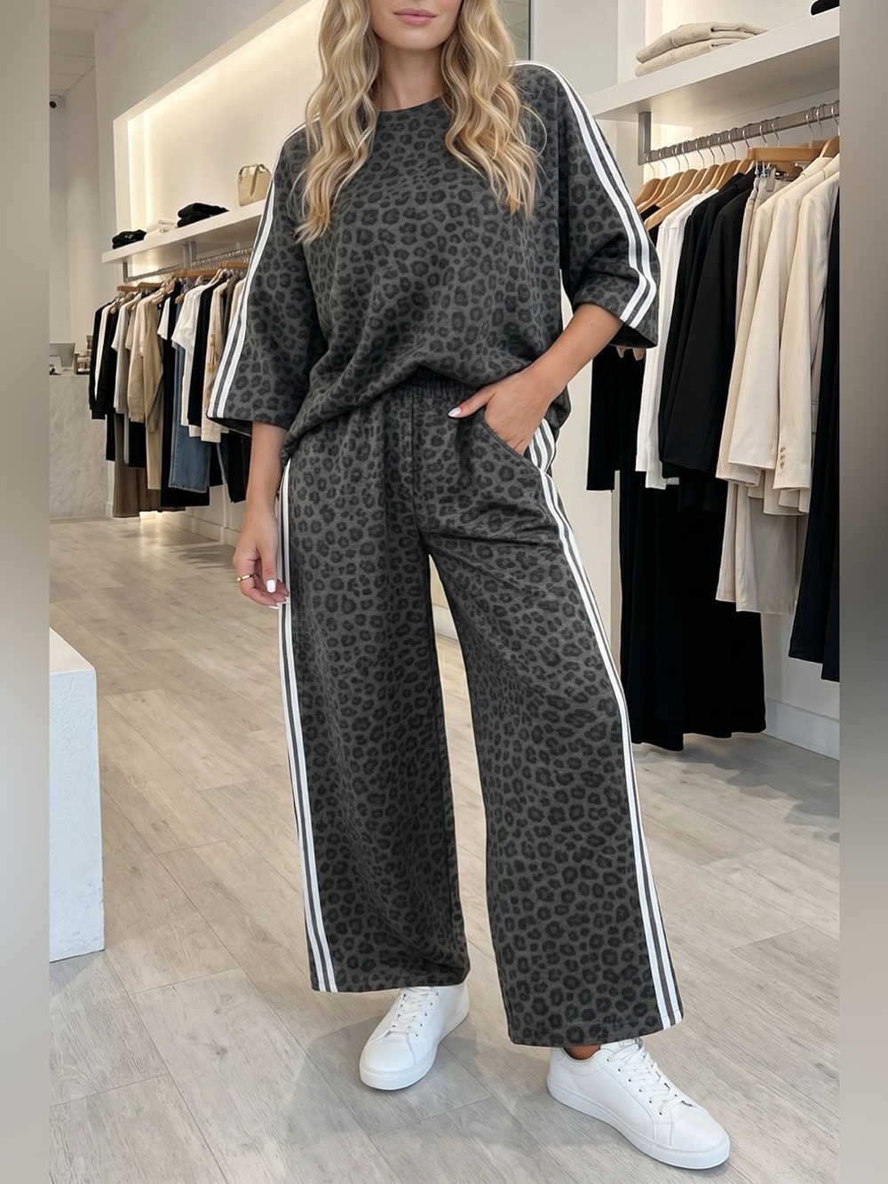 Leopard Print Varsity Striped Detail 3/4 Sleeve Top Shift Pant Set